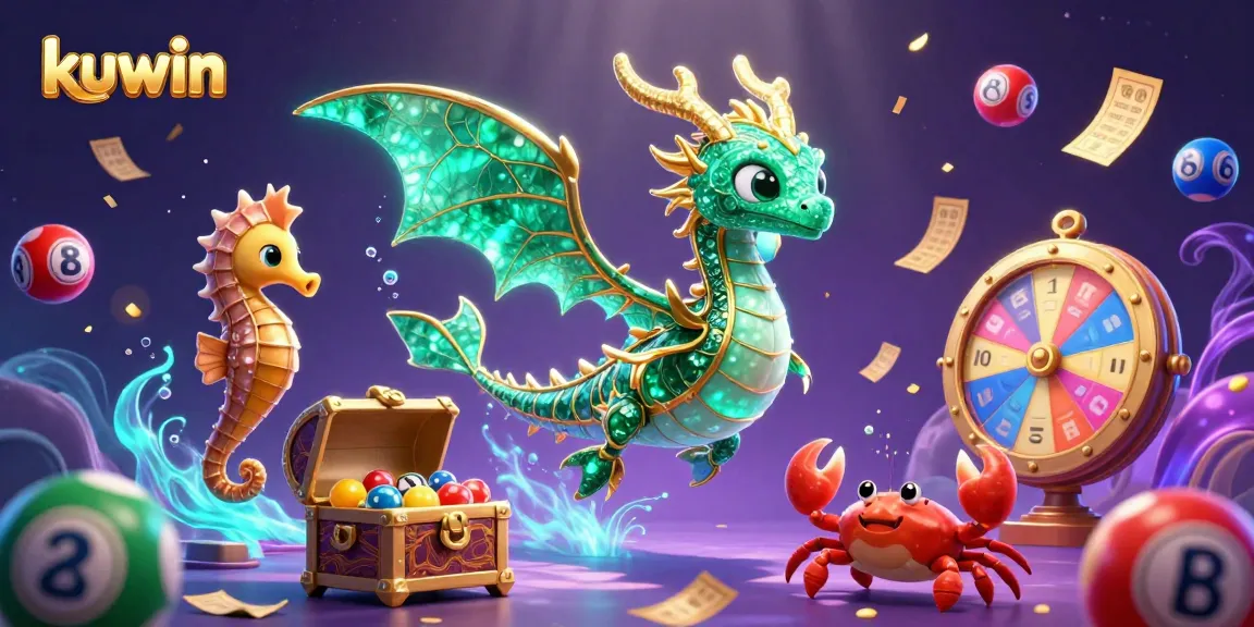 Experience thrilling adventures with kuwin as vibrant lottery balls and a golden prize wheel surround a majestic emerald dragon.