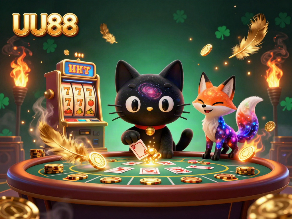 Experience the thrill of UU88 with a cosmic casino scene featuring a black hole cat and a nebula fox.