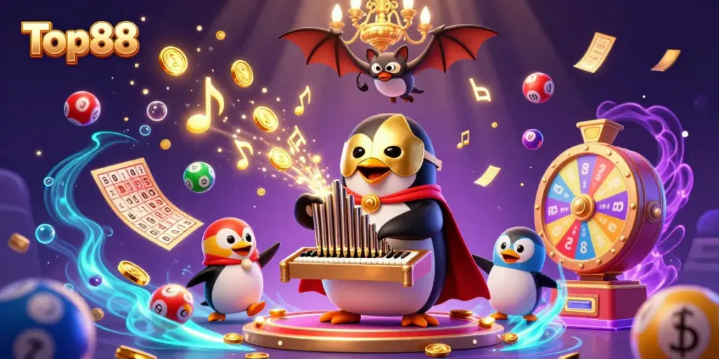 Experience excitement at Top88 with an animated scene featuring a penguin organist, gold coins, and vibrant gaming elements.