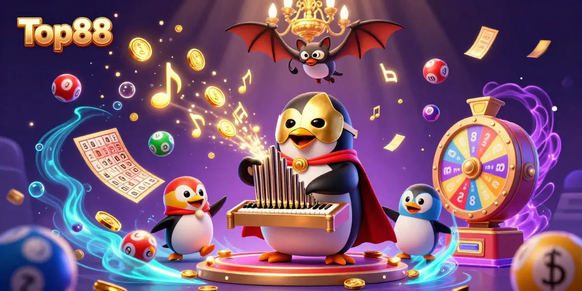 Experience excitement at Top88 with an animated scene featuring a penguin organist, gold coins, and vibrant gaming elements.