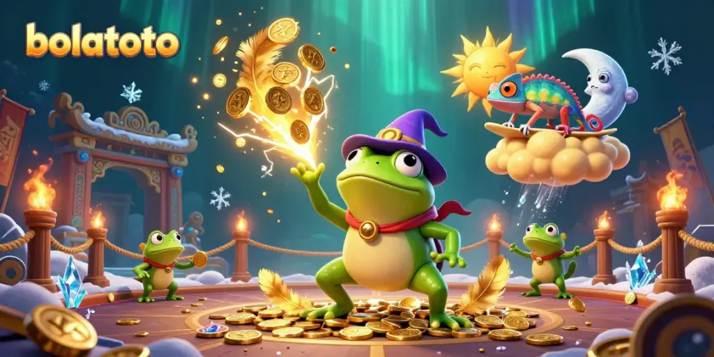 Experience the excitement of bolatoto with a vibrant scene of a wizard frog creating gold coins amidst colorful fantasy elements.