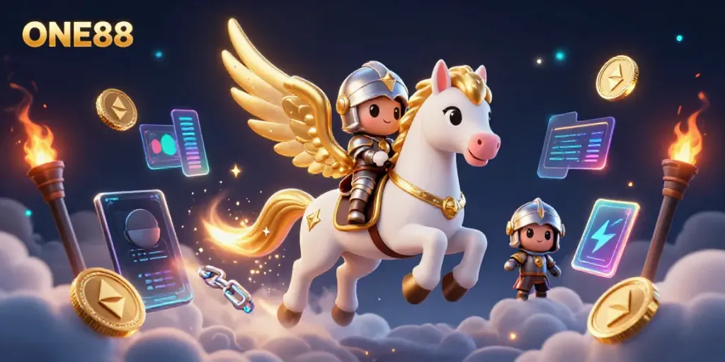 Experience the exciting world of ONE88 with a 3D cosmic knight riding through a casino universe