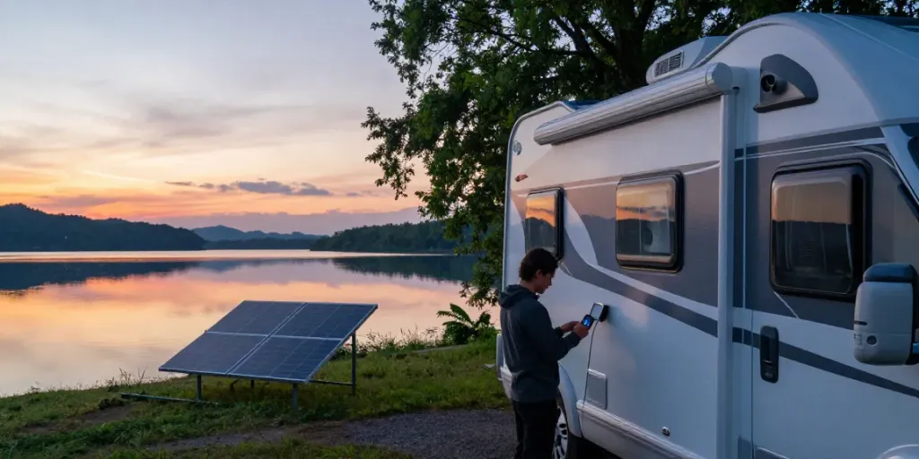 Person monitoring rv lithium battery performance at campsite near peaceful lake at sunrise.