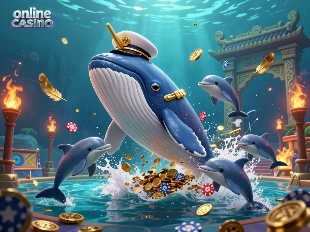 Experience the thrill of an online casino with a whale, narwhal, and dolphins surrounded by coins and poker chips.