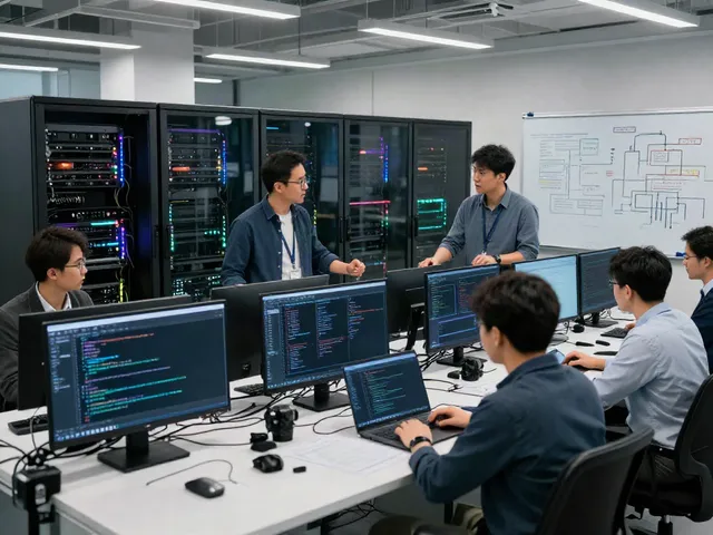 Engineers collaborating on AI infrastructure in a modern data center with advanced technology.