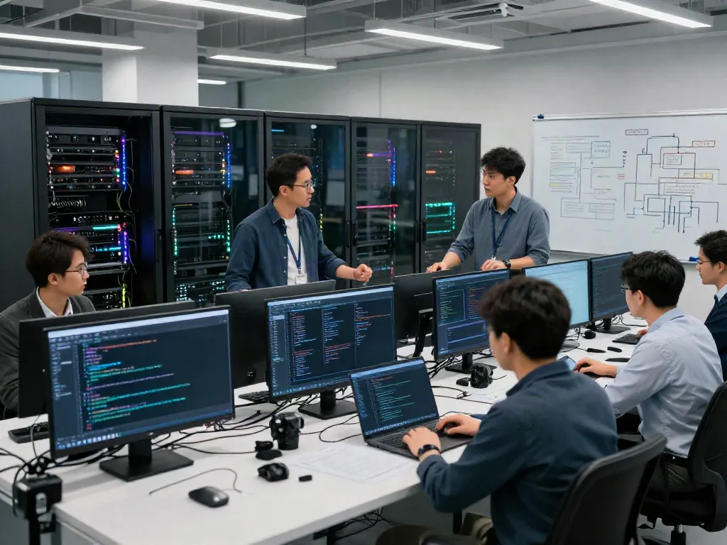 Engineers collaborating on AI infrastructure in a modern data center with advanced technology.