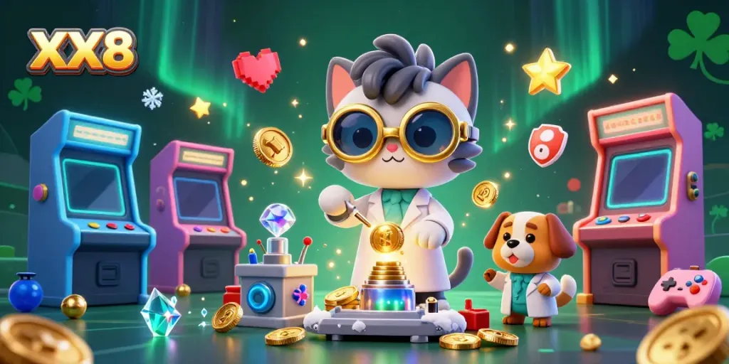 Experience the thrill of gambling with XX8's vibrant casino scene featuring a mad scientist cat and assistant.