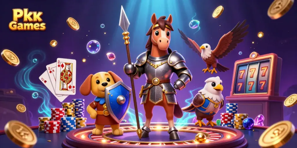 Pkv Games offers a lively casino scene with a knight, a puppy squire, and a falcon amidst spinning roulette wheels and golden coins.