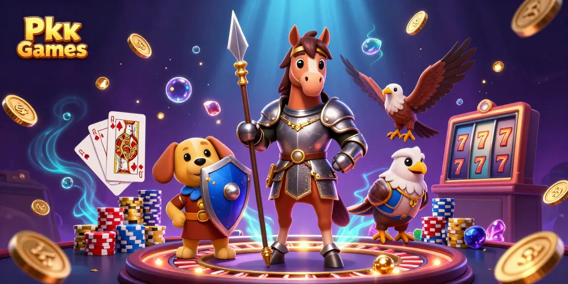 Pkv Games offers a lively casino scene with a knight, a puppy squire, and a falcon amidst spinning roulette wheels and golden coins.