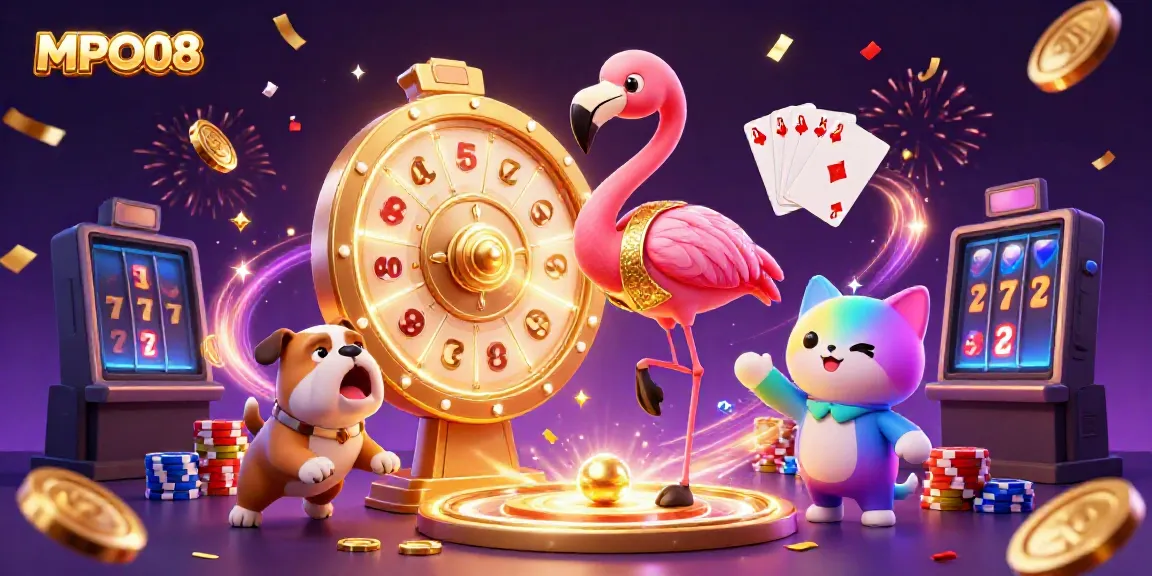 Experience the excitement of MPO08 with vibrant characters and casino elements in a dynamic 3D scene.