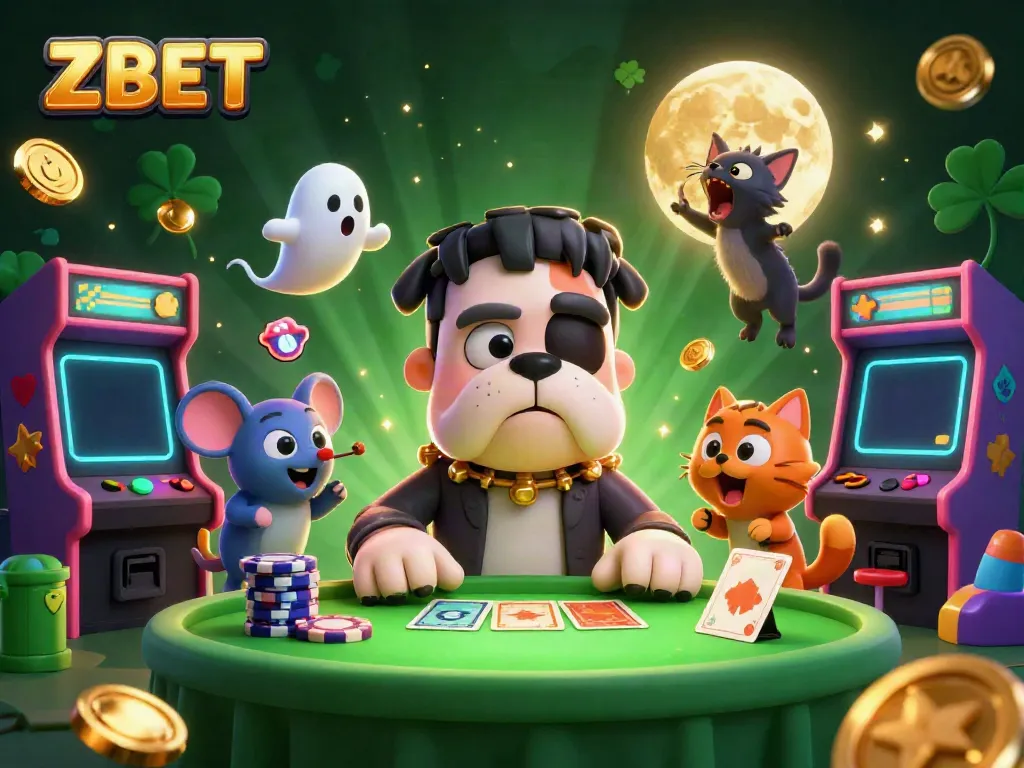 ZBET showcases a lively casino scene with a Frankenstein bulldog dealer, adding excitement to online gambling.