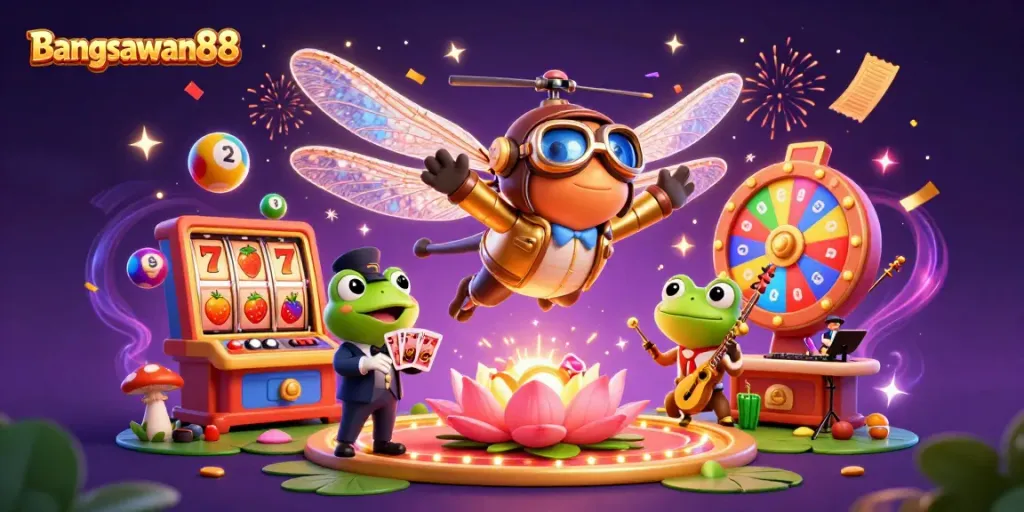 Bangsawan88 features a vibrant casino scene with dragonfly pilots, frog croupiers, and dazzling game elements.