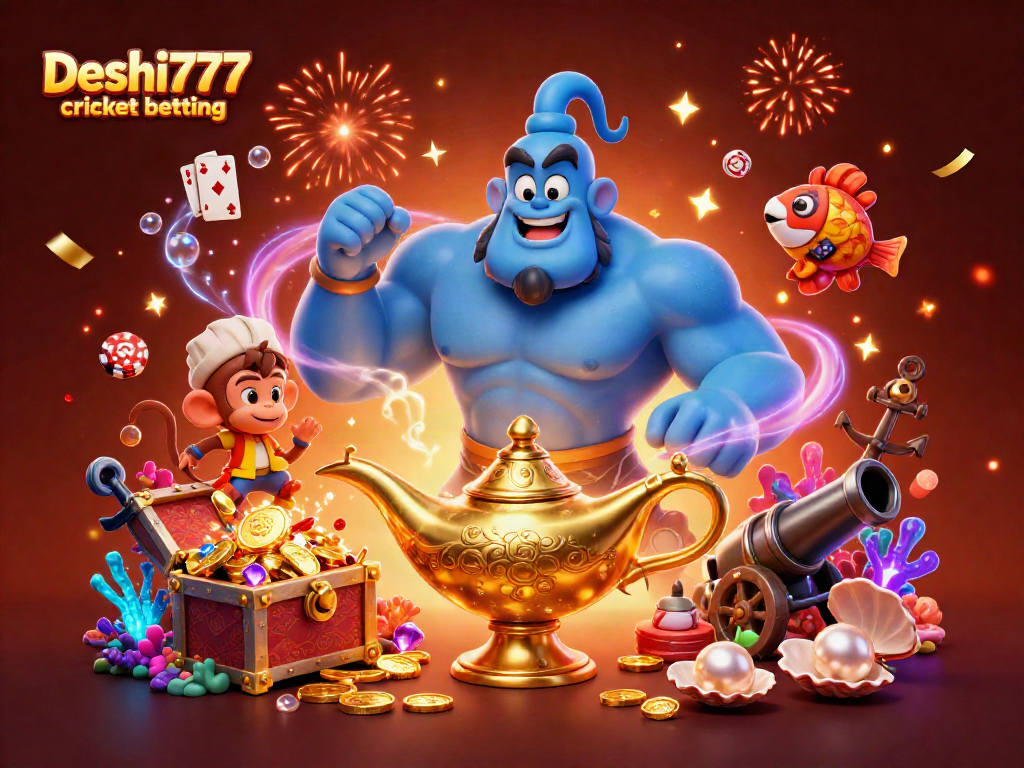Experience Deshi777 cricket betting with a dynamic 3D genie and circus-themed elements showcasing rich, engaging gambling visuals.