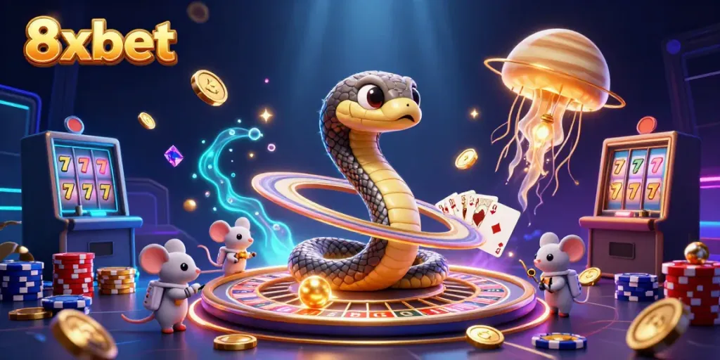 Experience the excitement of 8xbet with a cosmic casino scene featuring betting astronaut mice and a roulette wheel.
