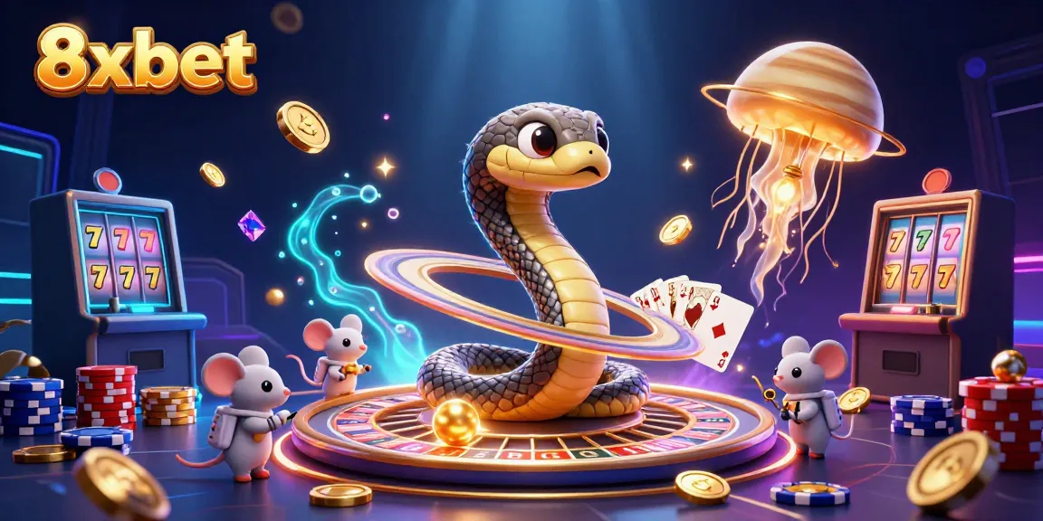Experience the excitement of 8xbet with a cosmic casino scene featuring betting astronaut mice and a roulette wheel.