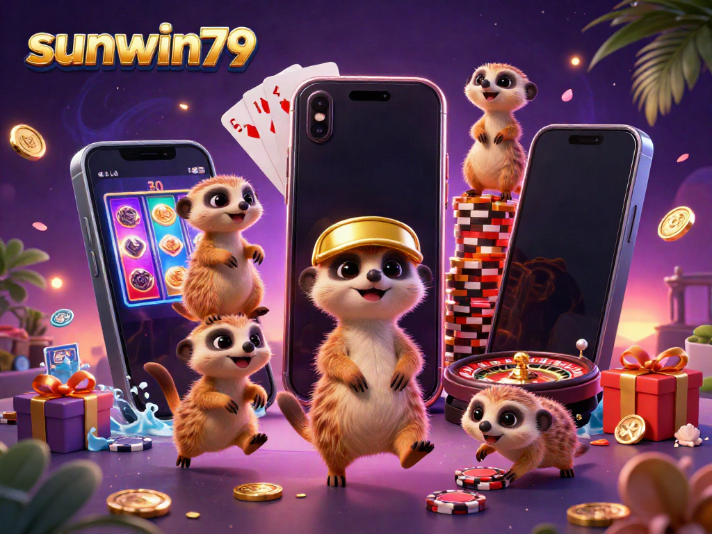 Experience the vibrant energy of sunwin79's playful meerkats managing a lively casino scene with colorful slot games and dynamic elements.