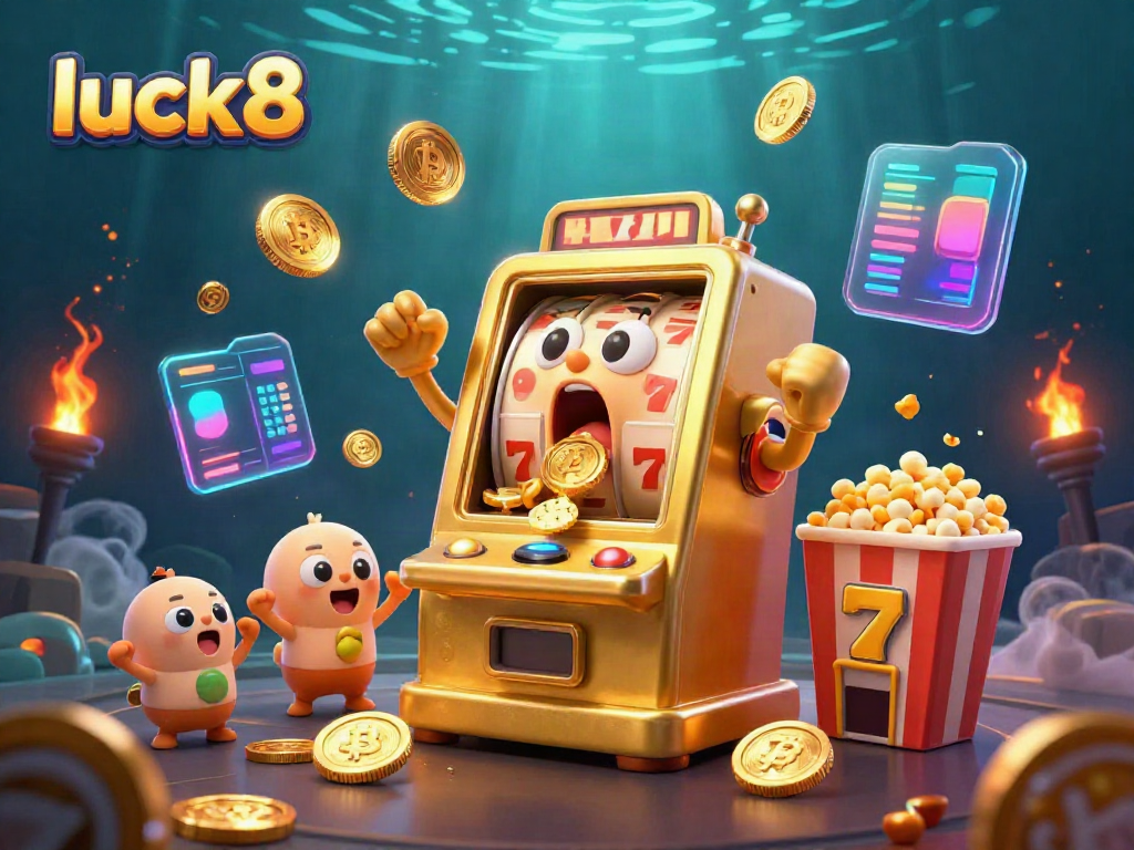 Experience excitement with luck8's colorful slot machines and jackpot wins in a vibrant casino setting.