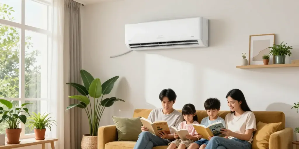 Cozy living room featuring a mini split AC unit providing cooling comfort to a family.