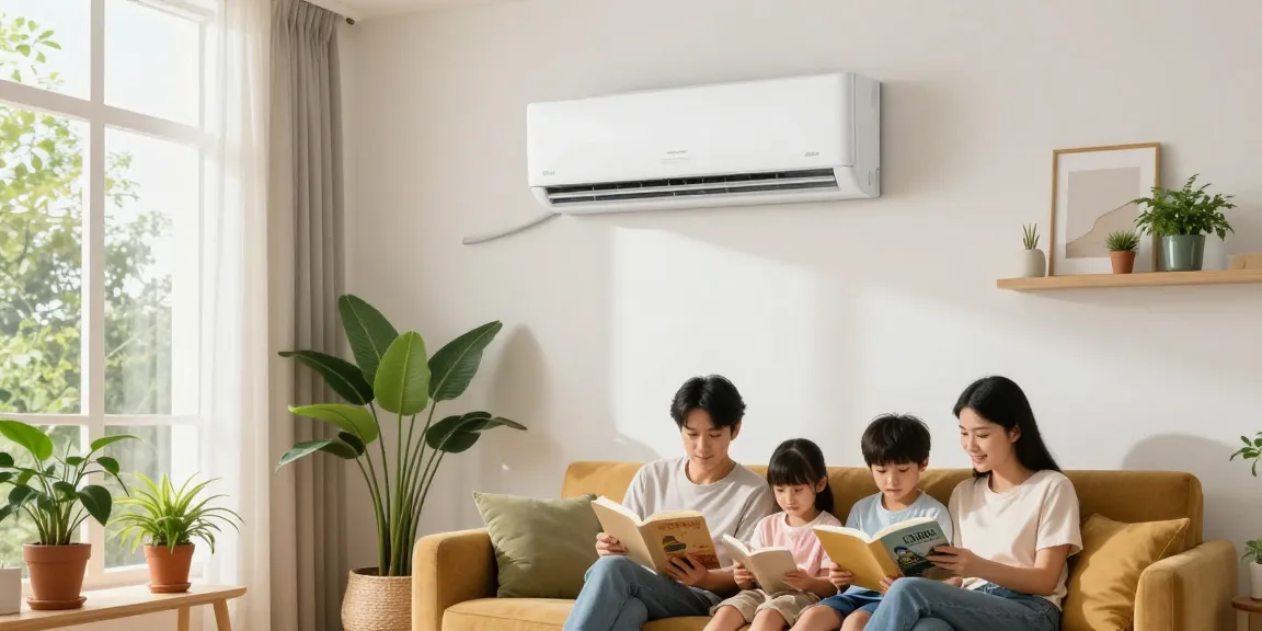 Cozy living room featuring a mini split AC unit providing cooling comfort to a family.