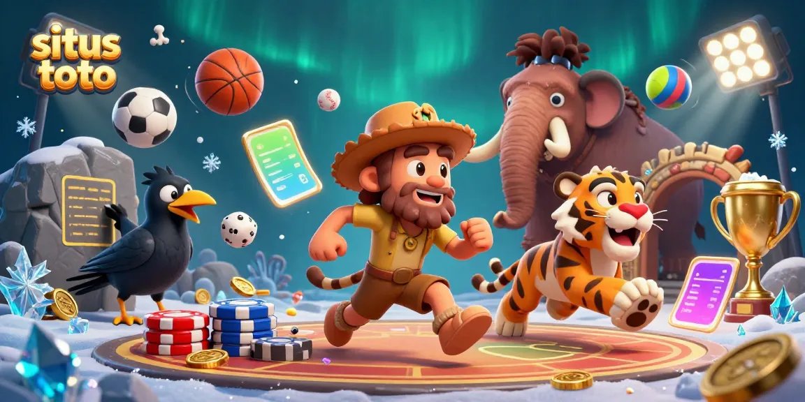 Engage with situs toto's vibrant prehistoric casino scene showcasing a caveman, sabertooth tiger, and a clever crow.