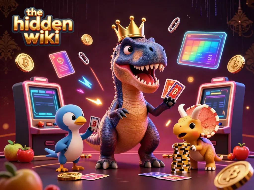 The hidden wiki showcases a fun casino scene with a T-Rex shuffling cards while a pterodactyl assists and a baby triceratops stacks chips.