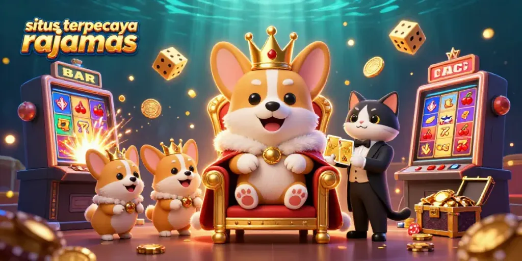 Gambaran kasino digital yang menggembirakan dengan karakter corgi dan simbol slot pada situs terpercaya rajamas.