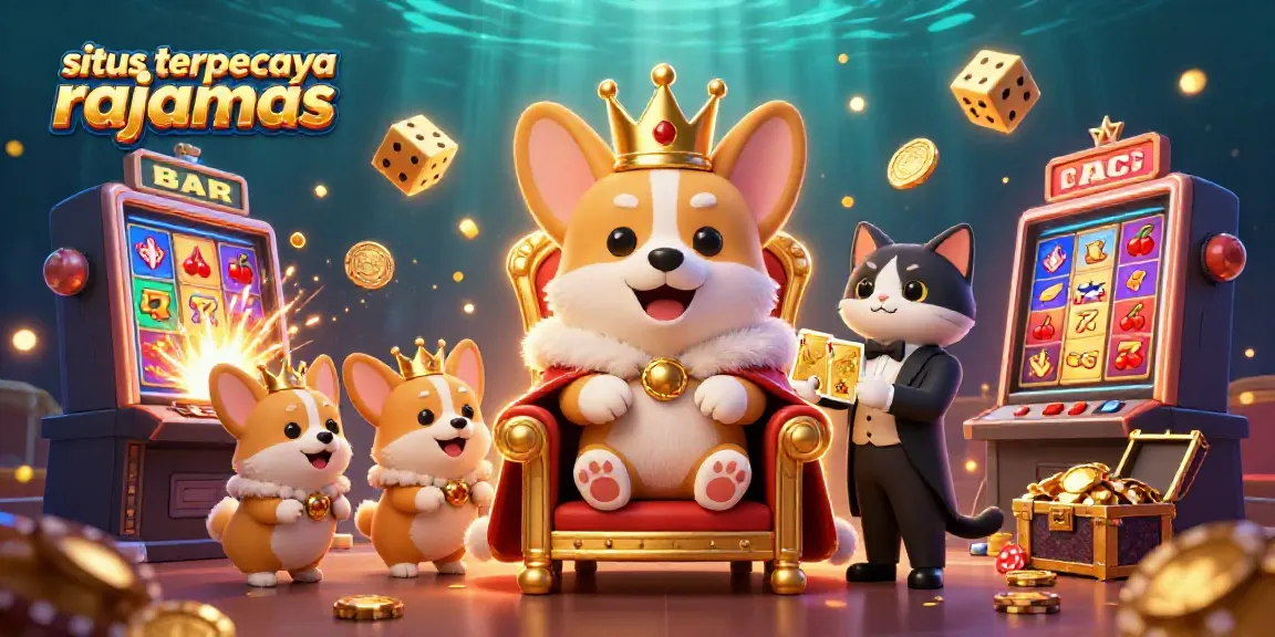 Gambaran kasino digital yang menggembirakan dengan karakter corgi dan simbol slot pada situs terpercaya rajamas.