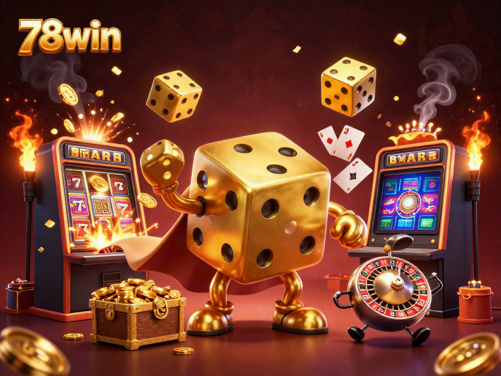 Engage with 78win's thrilling casino experience showcased with a playful dice golem and vibrant game elements.