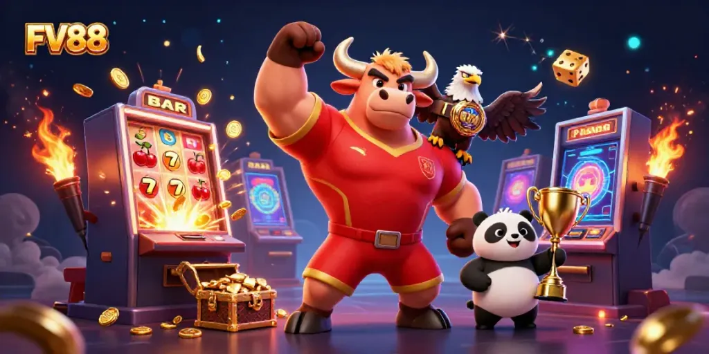 Experience the excitement of FV88 with a dynamic 3D casino mascot scene celebrating wins and jackpots.