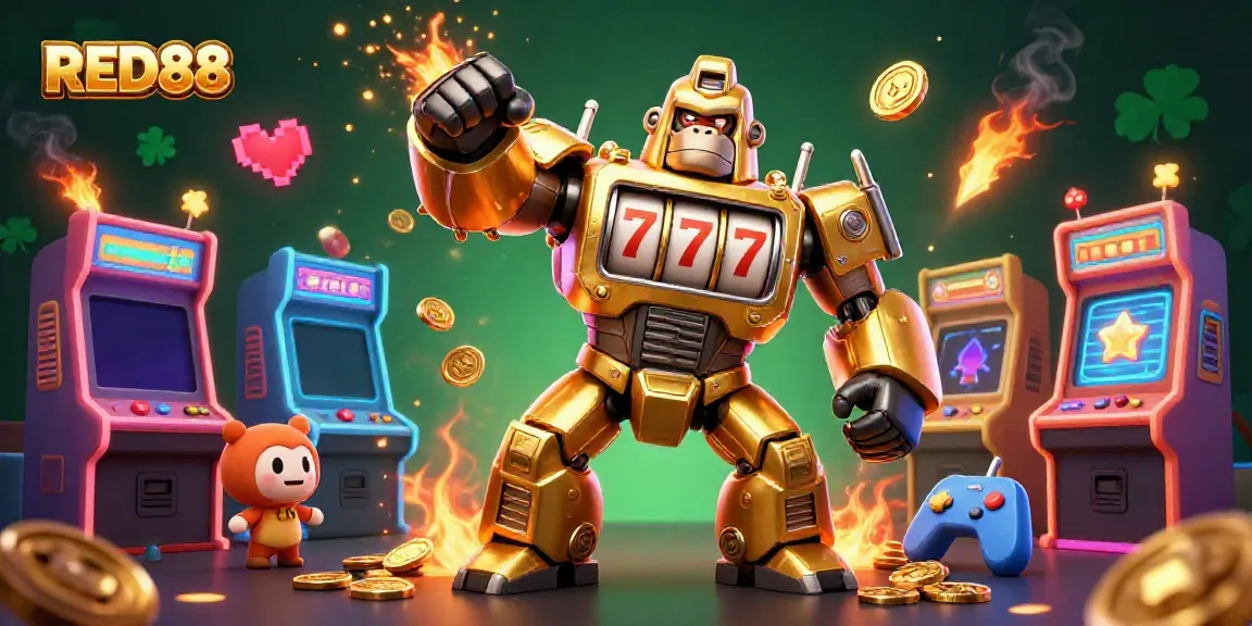 Experience thrilling gameplay with RED88 in this vibrant 3D casino illustration featuring a golden gorilla mech.