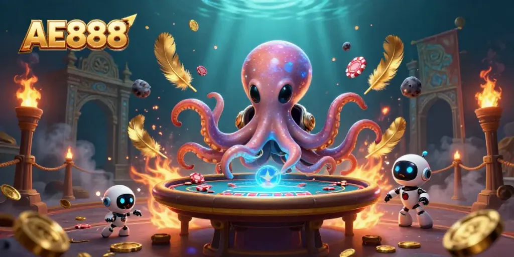 Play poker with AE888 while a cartoon alien octopus and robot create a cosmic gambling scene.
