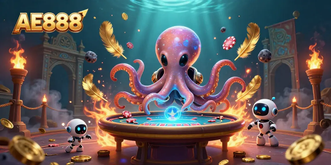 Play poker with AE888 while a cartoon alien octopus and robot create a cosmic gambling scene.