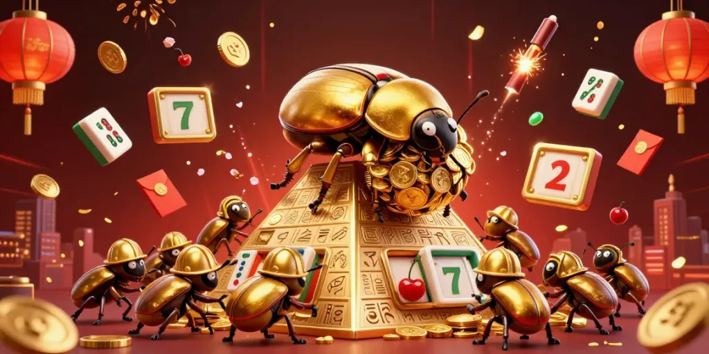 Spin the slot reels in this vibrant 3D casino scene, featuring golden beetles and jackpot symbols.