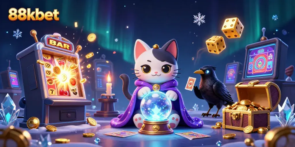 Experience thrilling wins with 88kbet's enchanting casino elements, featuring a mystical cat and a raven.