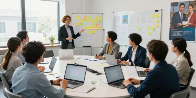 Team led by a leadership coach Connecticut collaborating in a modern training session