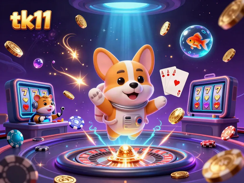 Watch tk11 gameplay come alive in a vibrant scene with a floating corgi, golden coins, and casino action.