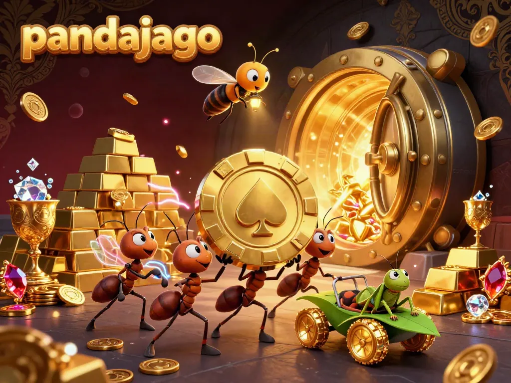 Pandajago memimpin petualangan kasino dengan chip poker besar, menyebar tumpukan emas dan permata.
