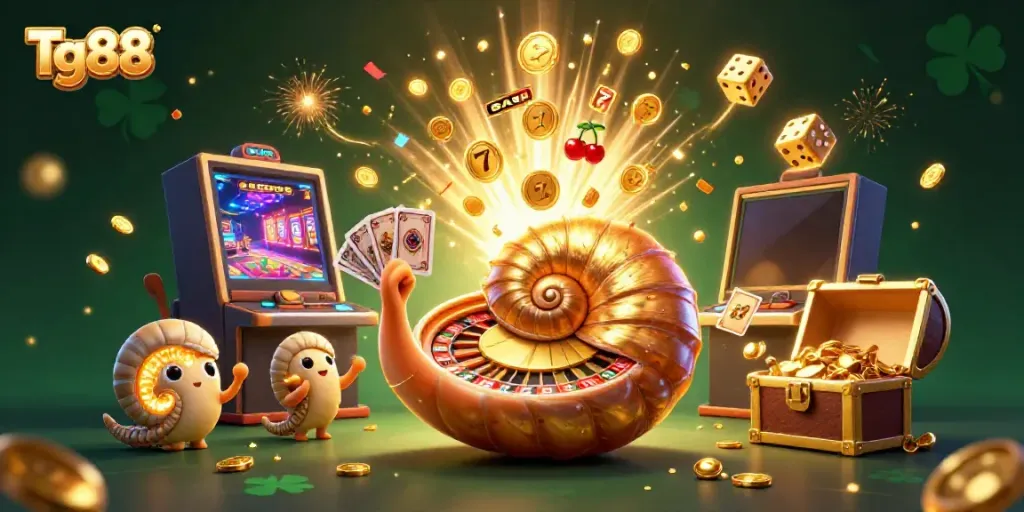 Tg88 offers exciting gambling adventures, featuring a giant nautilus roulette, soaring coins, and vibrant game elements.