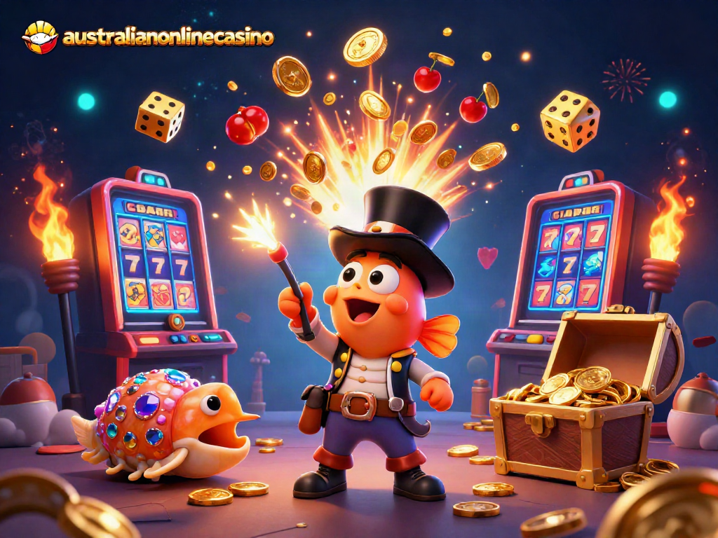 Experience the thrill of australianonlinecasino with a dynamic 3D casino scene featuring vibrant characters and game elements.
