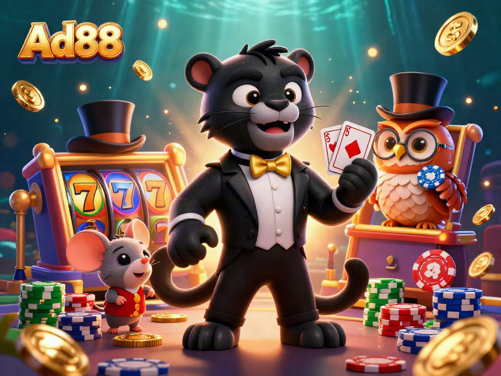 Ad88 showcases a stylish tuxedo-clad panther dealing cards surrounded by vibrant slot elements and casino decorations.