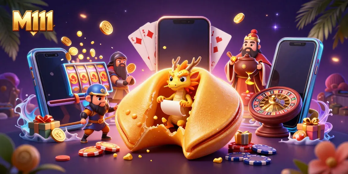 Engage with M111 gaming strategies alongside a whimsical dragon and golden fortune cookie in a vibrant casino setting