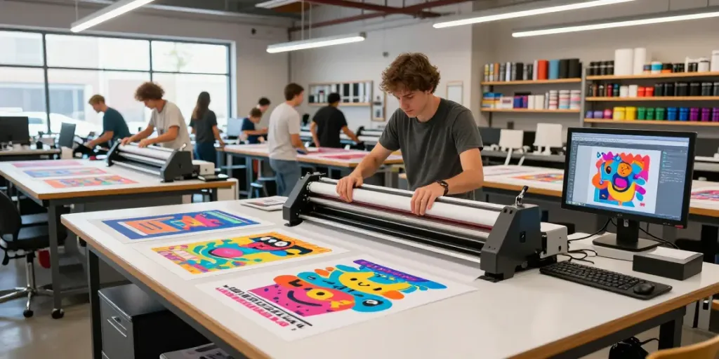 Custom DTF transfer sheets being printed in vibrant colors at a Sacramento print shop.