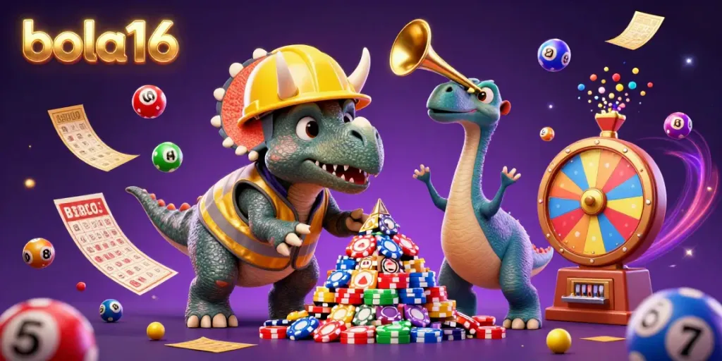 Bola16 players celebrating a big win with triceratops building poker chip pyramid in dynamic lottery scene.