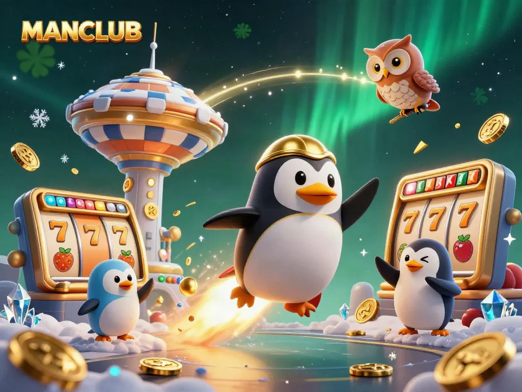 Spin and win at MANCLUB with a dynamic 3D illustration of a rocket-powered penguin and casino elements.