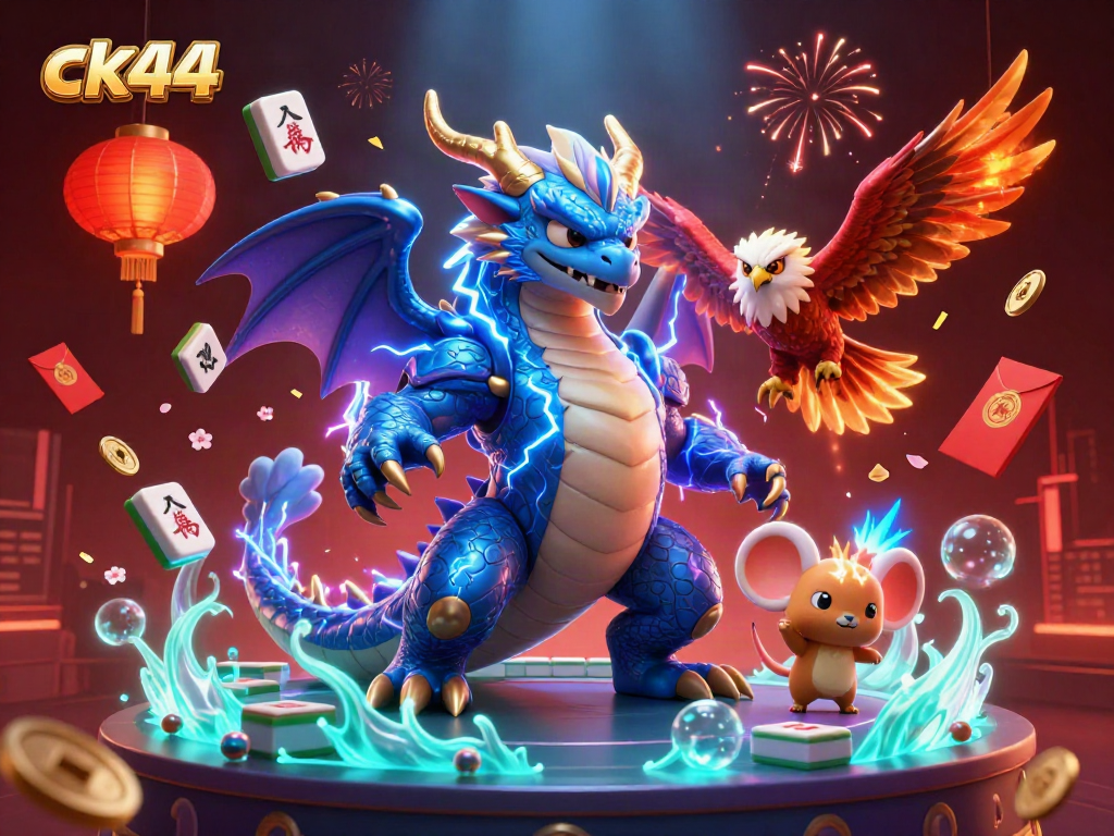 Engage in thrilling gaming at ck44, featuring a vibrant 3D scene with dynamic characters and casino elements.