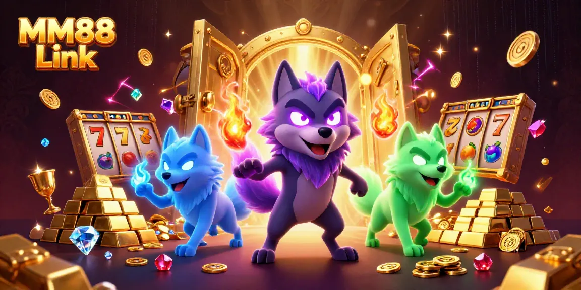 Engage with the MM88 Link through an energetic 3D casino scene filled with vibrant elements.