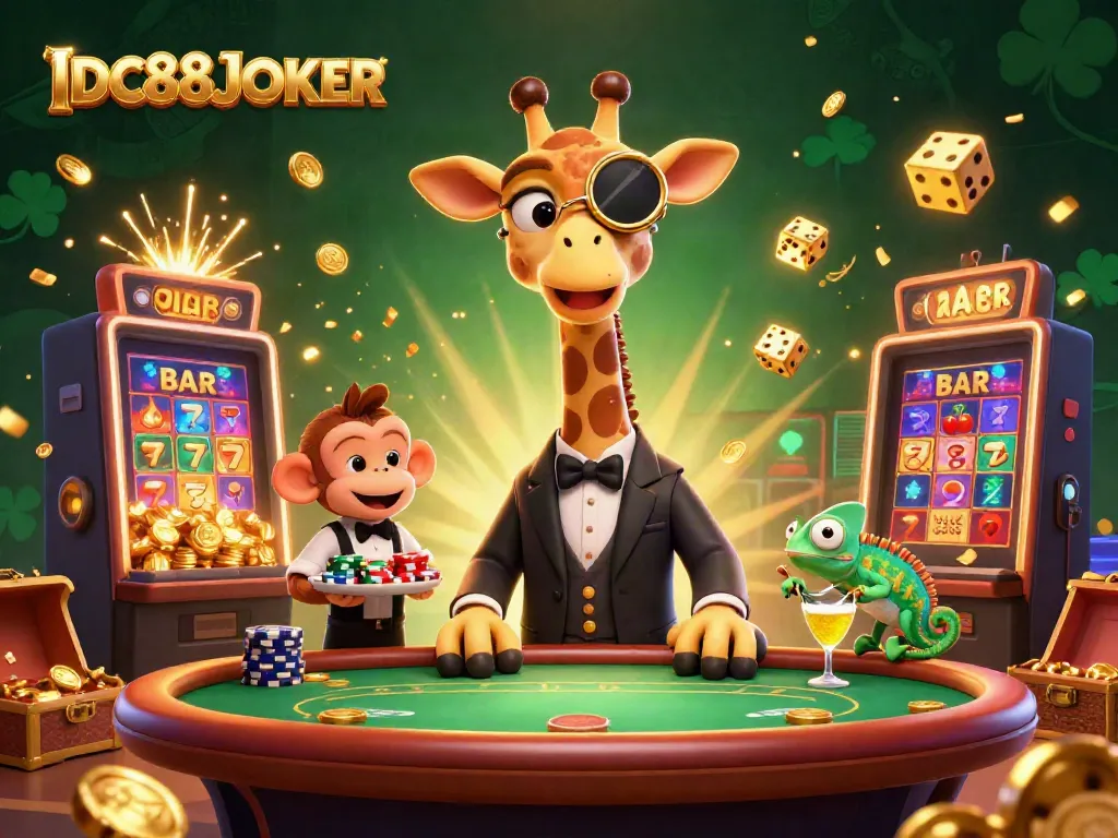 Engage luck with IDC88JOKER while enjoying the vibrant casino atmosphere in this lively 3D scene.