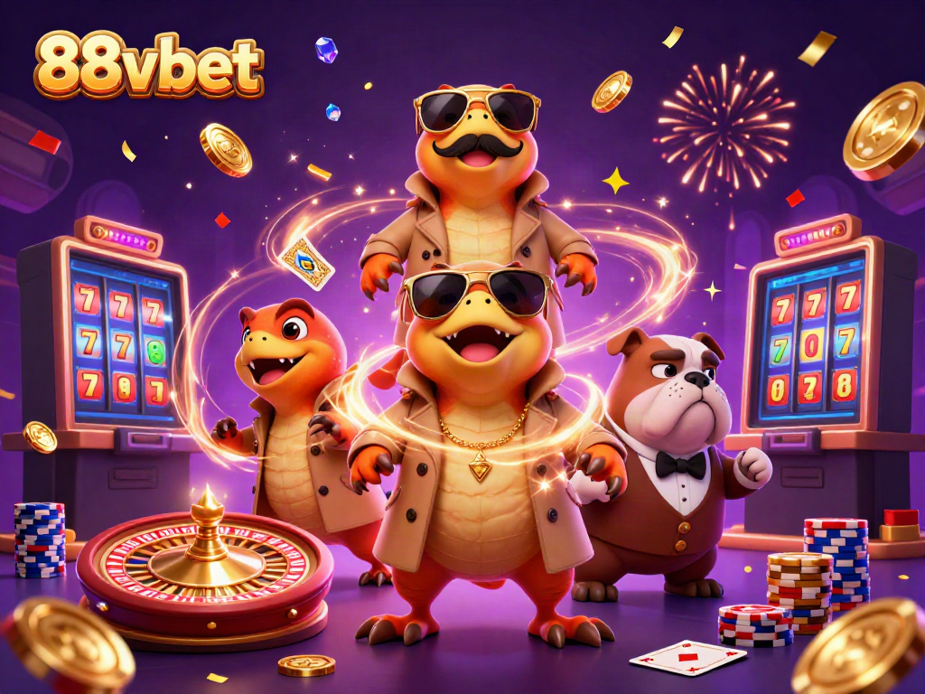 Enjoy the thrilling ambiance of 88vbet casino with raptors in disguise, golden coins, and roulette action.