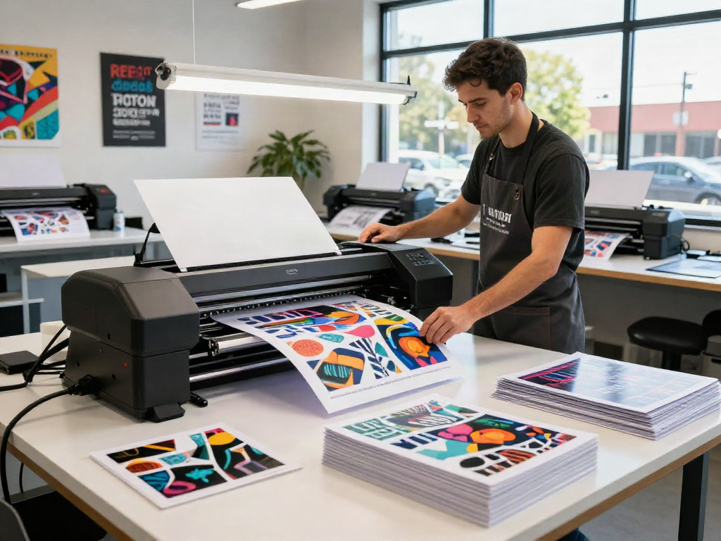 Professional in workshop showcasing custom DTF transfer sheets in vibrant colors, Sacramento.