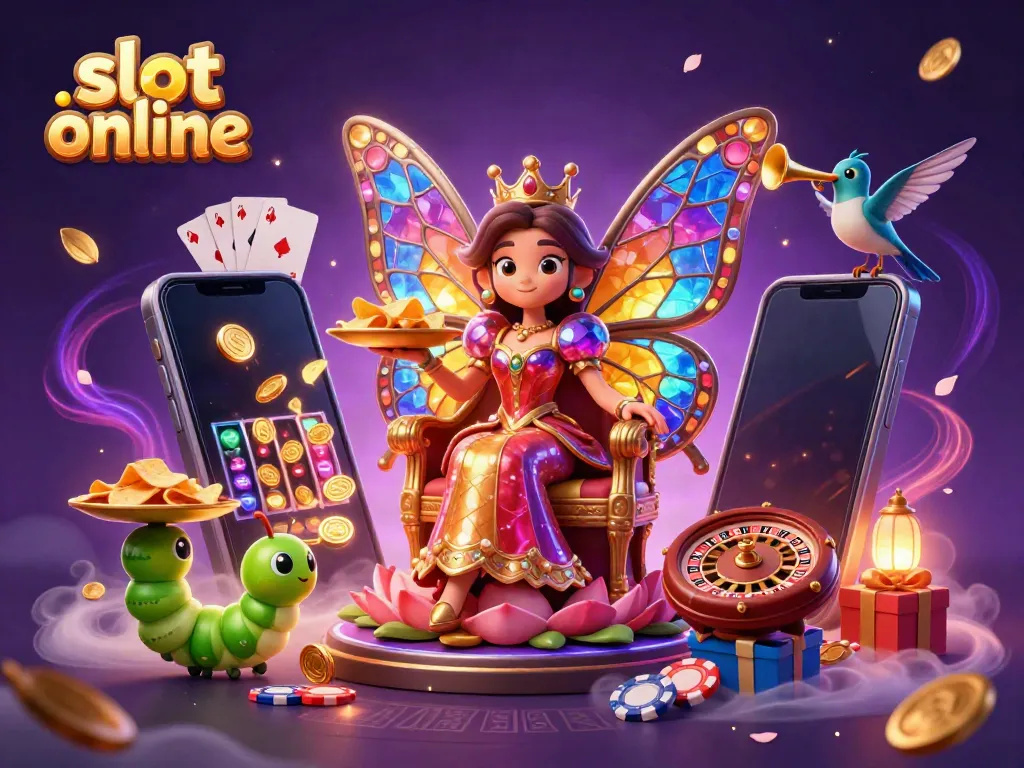 Engaging scene featuring a butterfly queen amidst a vibrant slot online game environment, showcasing gaming elements and excitement.